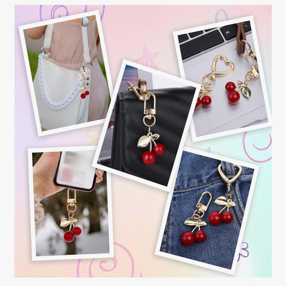 🆕 Cherry Bag Charm 2 Pcs Women Cherry Charm for Purse,Heart Keyring - Picture 6 of 6